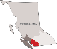BC map showing Lower Mainland District in red