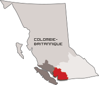 Carte de la C.-B. désignant le District du Lower Mainland en rouge.