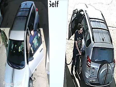 Surveillance video of McLeod and Schmegelsky at a gas station driving a silver RAV 4 with racing stripes on hood and back tire.