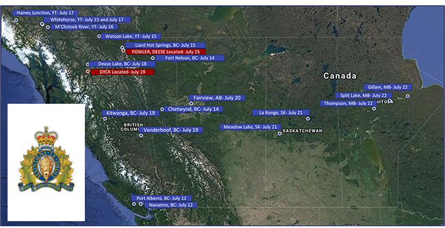Map of suspect movements across Canada
